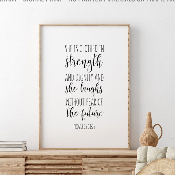 She Is Clothed In Strength And Dignity, Proverbs 31:25, Bible Verse Printable Art, Scripture Wall Art, Girls Room Decor, Gift For Her