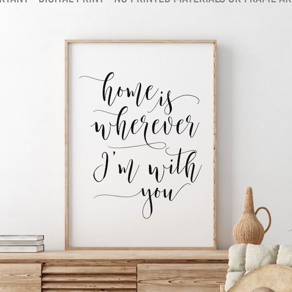 Home Is Wherever I'm With You, Anniversary Gift, Printable Wall Art, Housewarming Gift, Calligraphy Art, Gift For Her, Entryway Wall Decor