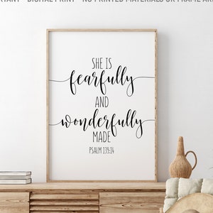 Elle est terriblement et merveilleusement faite, Psaume 139:14, cadeau pour elle, verset biblique imprimable, décor de chambre de filles, cadeau de naissance, cadeau chrétien