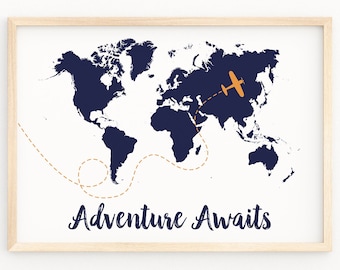 Adventure Awaits Wall Art, Inspirational Quote, Nursery World Map, Motivational Printable, Kids Room Decor, Airplane Wall Art
