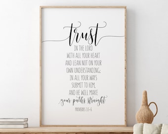 Trust In The Lord With All Your Heart, Proverbs 3:5-6, Bible Quote, Printable Bible Verse, Christian Wall Art, Scripture Art, Christian Gift