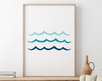 Golven afdrukbare muur kunst, Oceaan decor, Scandinavische, Teal Wall decor, minimalistische kunst, golven poster, nautische decor, zee kunst, kust