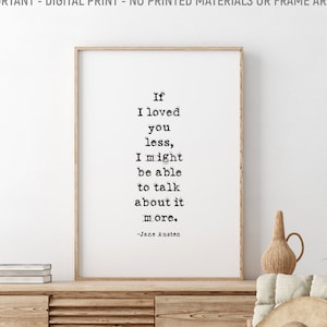 Gdybym kochała Cię mniej, mogłabym o tym więcej mówić, cytat Jane Austen do wydrukowania, prezent dla miłośników książek, prezent miłosny, inspirujący