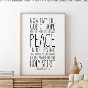 Agora que o Deus da esperança encha você de toda alegria e paz na crença, Romanos 15:13, versículo bíblico para impressão, arte bíblica, presente cristão