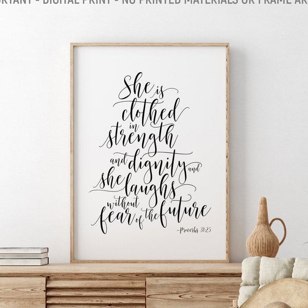 She Is Clothed In Strength And Dignity, Proverbs 31:25, Bible Verse Printable Art, Girls Room Wall Decor, Gift For Her, Bible Quote