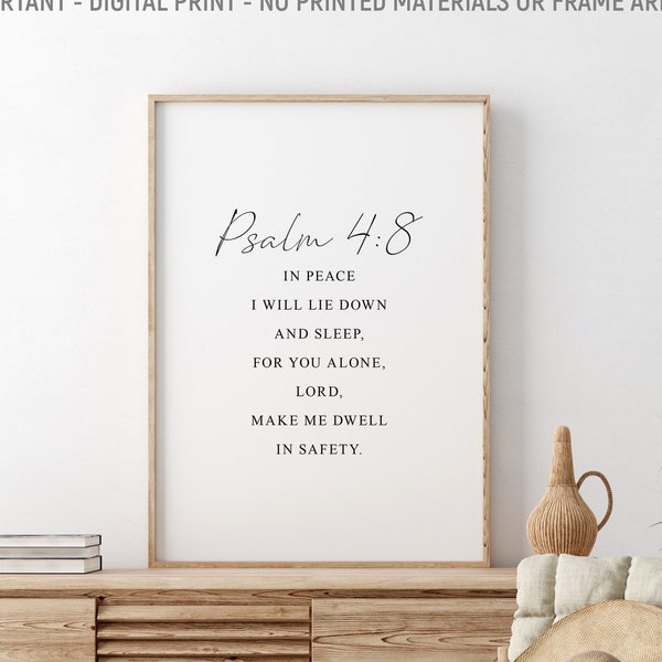 In Peace I Will Lie Down And Sleep For You Alone Lord, Psalm 4:8, Bible Verse Wall Art, Scripture Printable, Christian Wall Decor