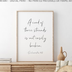 A Cord Of Three Strands Is Not Easily Broken, Ecclesiastes 4:12, Bible Verse Printable, Christian Wall Decor, Bible Quote, Wedding Decor
