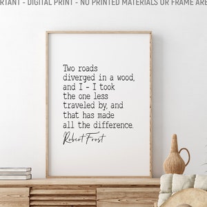 Two Roads Diverged In A Wood, And I - I Took The One Less Traveled By, Robert Frost Printable Quote, Inspirational Quote, Book Lovers Gift