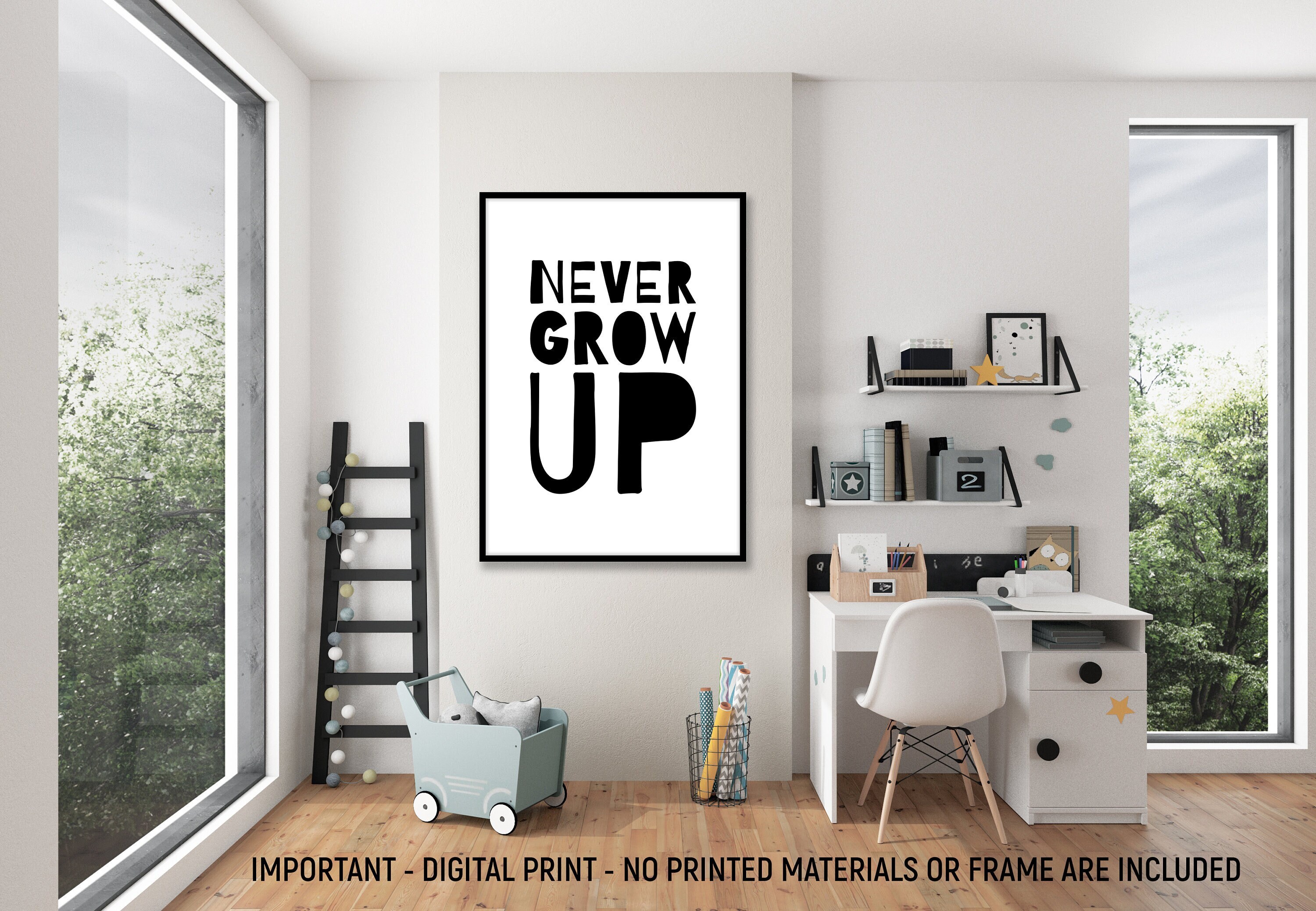 Never Grow Up Wall Art, Peter Pan Printable Quote, Nursery Wall Art, Scandinavian Printable Kids Gift, Minimalist Kids Room Decor