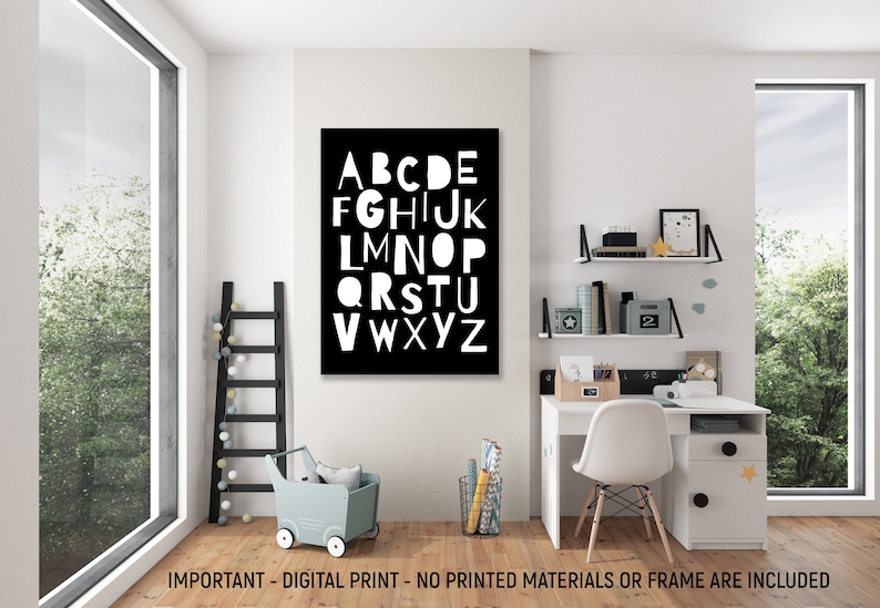 Alphabet Wall Art Nursery Printable Kids Room Decor Black Etsy