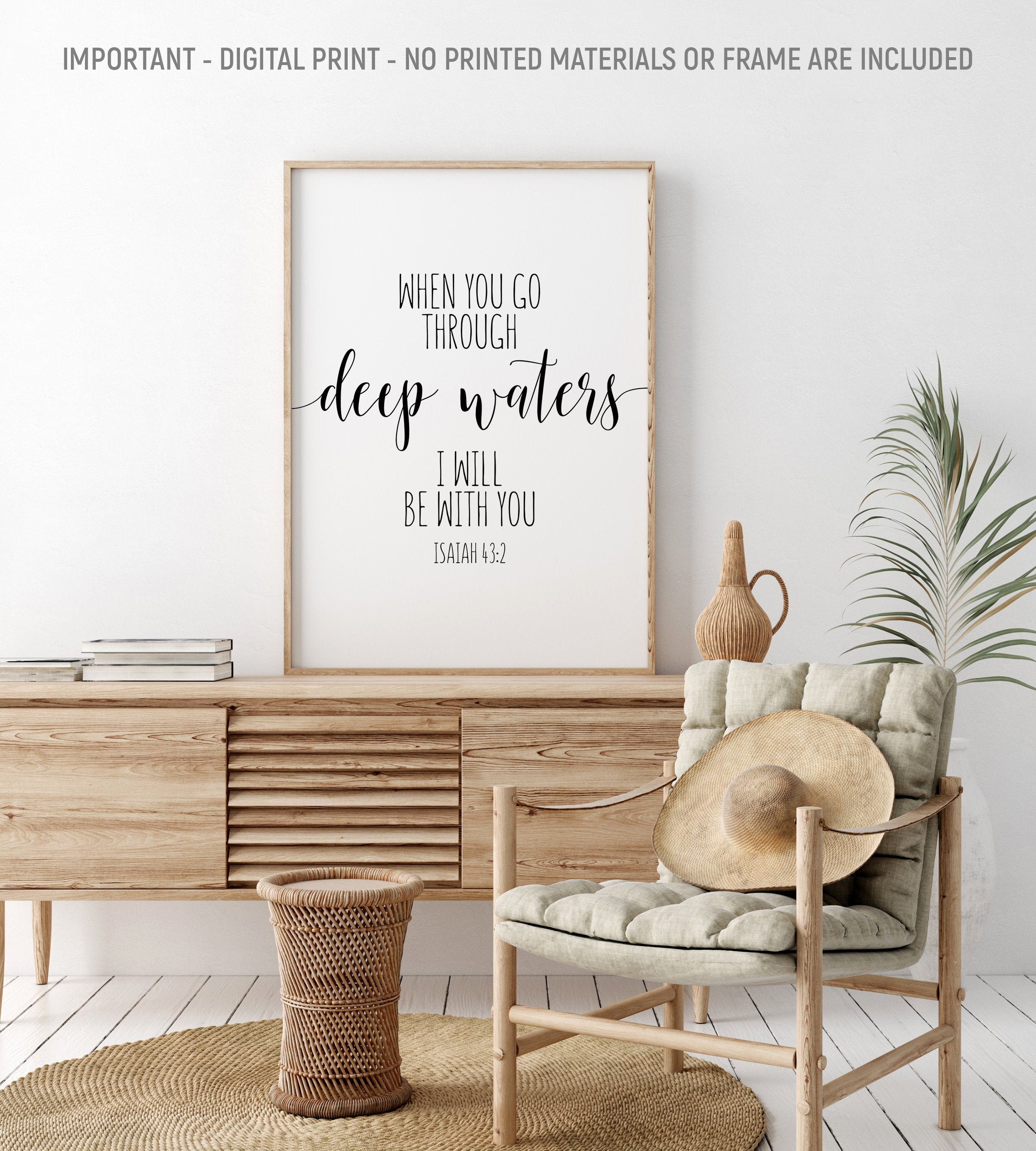 When You Go Through Deep Waters I'll Be With You, Isaiah 43:2, Bible Quote, Scripture Wall Art, Bible Verse Printable, Kids Room Decor
