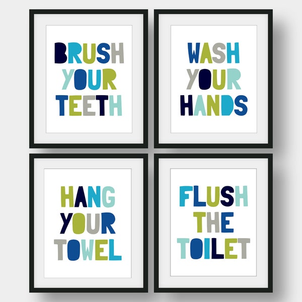 Kids Bathroom Set Of 4 Printables, Bathroom Rules, Flush The Toilet, Wash Your Hands, Kids Bathroom Decor, Bathroom Printable Art