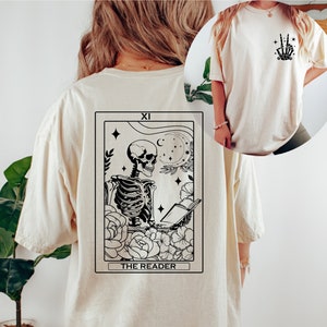 Comfort Color The Reader Tarot Card Front And Back Printing Shirt, Skeleton Reading T-shirt, Book Lover Gift For Women, Book Lover Tee