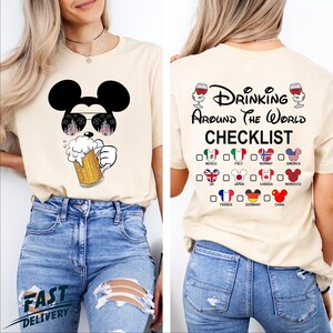 Mickey Beer Minnie Wine Front and Back, Epcot Drinking Around The World Shirt, Drinking Around The World Checklist, Disney Couple Shirts