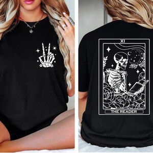 The Reader Tarot Card Front And Back Printing Shirt, Skeleton Reading T-shirt, Book Lover Gift For Women, Book Lover Tee, Tarot Card Shirt