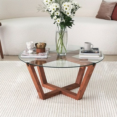 Aesthetic Unbreakable Glass Side Table Set Natural Solid Wood Etsy