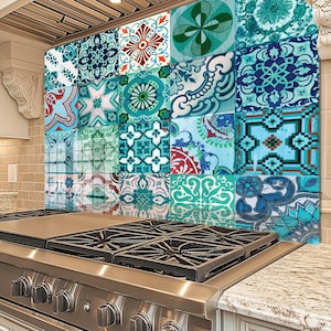 Dosseret en verre trempé, Recouvrement d'évier de cuisine, Crédence en carrelage, Cache arrière de poêle, Protecteur mural de cuisine, Dosseret de poêle, Art mural en verre