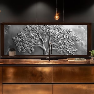 Silver Tree of Life härdat glas bakstänkskydd, modernt kök stänkskydd, lyxigt metalliskt väggskydd, värmebeständigt glas, anpassad storlek