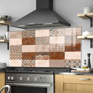 Glass Backsplash Panel, Tile Look Kitchen Splashback, Patchwork Design, Stove Wall Protector, Heat Resistant, Easy Clean Glass,  Glass Decor