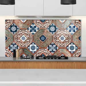 May include: Decorative kitchen backsplash with a repeating pattern of ornate tiles. The design features a mix of blue, brown, white, and orange colors. The tiles have floral and geometric elements, creating a vintage or Mediterranean aesthetic.