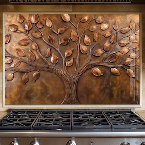 May include: A rectangular metal wall art piece featuring a relief sculpture of a tree with textured branches and numerous leaves. The artwork has a warm, polished copper finish with dark brown patina accents, creating a dimensional effect.