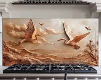 Flying Heron Glass Backsplash, Luxury Bird Wall Art, Nature Kitchen Decor Panel, Tempered Glass Stove Backsplash, Elegant Home Decor