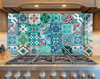 Mediterrane Fliesenglas Aufkantung, Spanisches Mosaik-Küchendekor, Blaue Fliesenwand, gehärtetes Glas