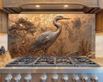Luxury Heron Wall Art Glass Backsplash, Elegant Bird Kitchen Decor, Modern Nature Panel, Tempered Glass Stove Backsplash, Neutral Decor