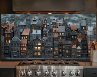 Cityscape Glass Backsplash, Tempered Kitchen Stove Cover, Heat Resistant Wall Panel, Modern Kitchen Decor, Custom Size Glass, Stove Cover