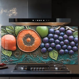 Dosseret en verre trempé, Recouvrement d'évier de cuisine, Crédence en carrelage, Cache arrière de poêle, Protecteur mural de cuisine, Dosseret de poêle, Art mural en verre