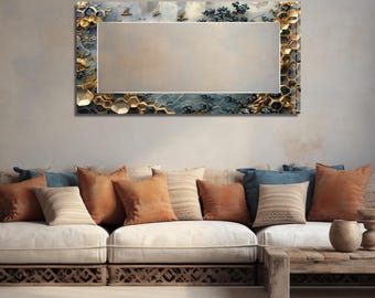 May include: A large rectangular mirror with a decorative frame made of gold and blue honeycomb-like patterns. The mirror is hanging on a light gray wall above a white couch with brown and blue pillows.