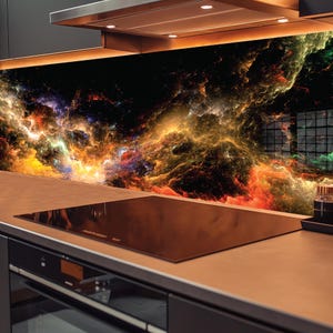 May include: A kitchen backsplash with a colorful abstract design featuring swirling clouds of orange, yellow, red, and blue against a black background.