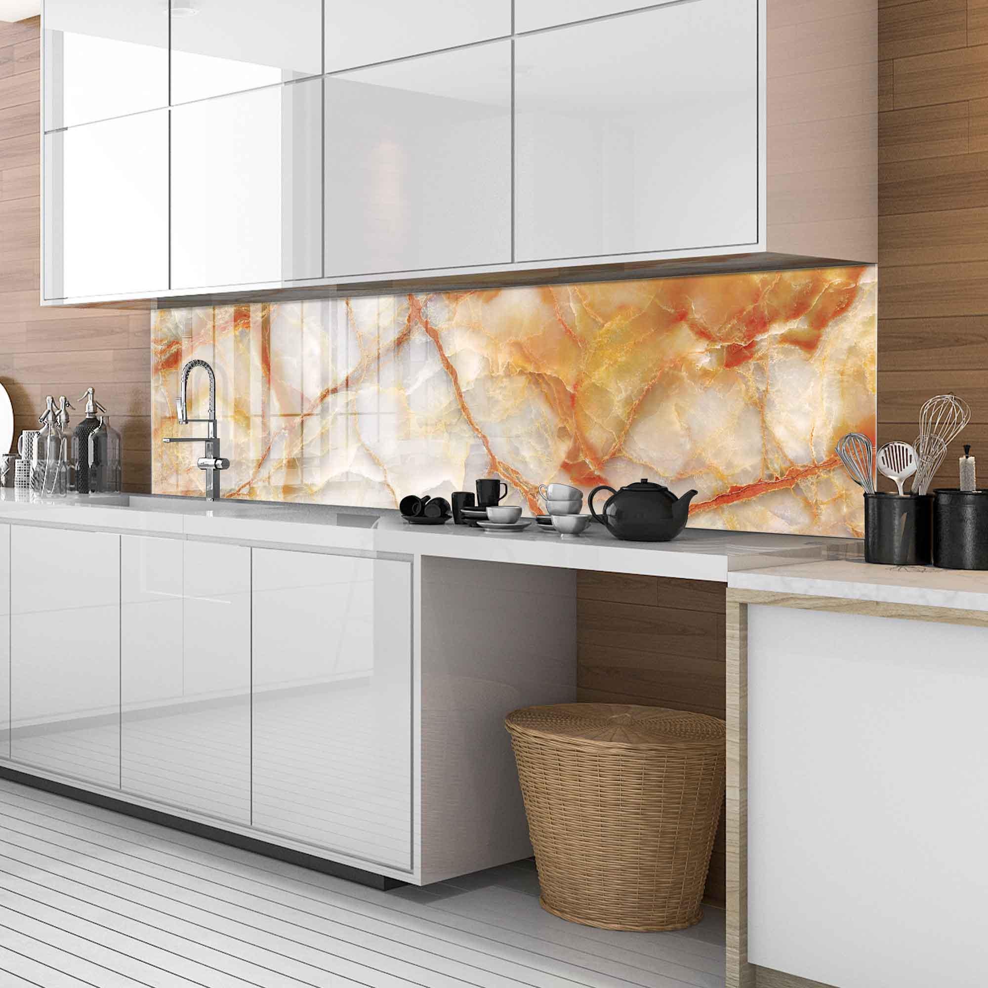 Tempered Glass Backsplash, Brown Marble Kitchen Panel, Copper Vein ...