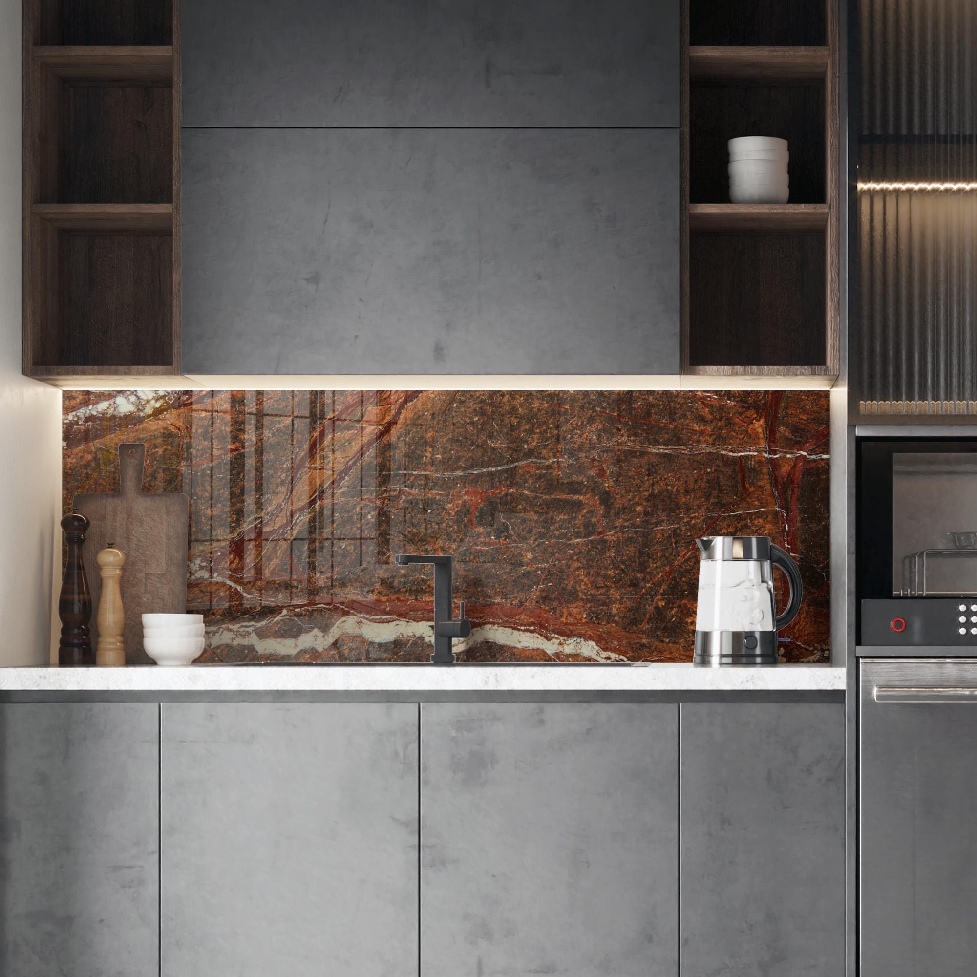 Tempered Glass Backsplash, Brown Marble Kitchen Panel, Copper Vein ...