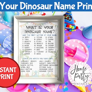 Qual é o seu sinal de nome de dinossauro, pôster de festa para impressão, jogo de festa de dinossauro, jogo de festa infantil, sinal de festa de dinossauro