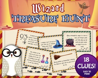 Búsqueda del tesoro del mago, juego de fiesta del mago, pistas de búsqueda del tesoro, imprimible de cumpleaños del mago, búsqueda del tesoro del mago, juego de fiesta de la escuela de magia