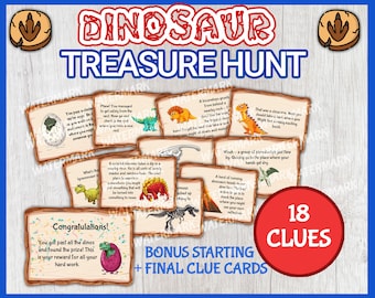 Búsqueda del tesoro de dinosaurios, búsqueda del tesoro de dinosaurios, juego de cumpleaños de dinosaurios