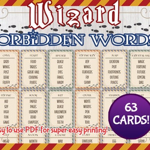 May include: A printable game with a wizard theme. The design features a wooden background with the words "Wizard Forbidden Words" at the top. The game includes 63 cards with various words and phrases.