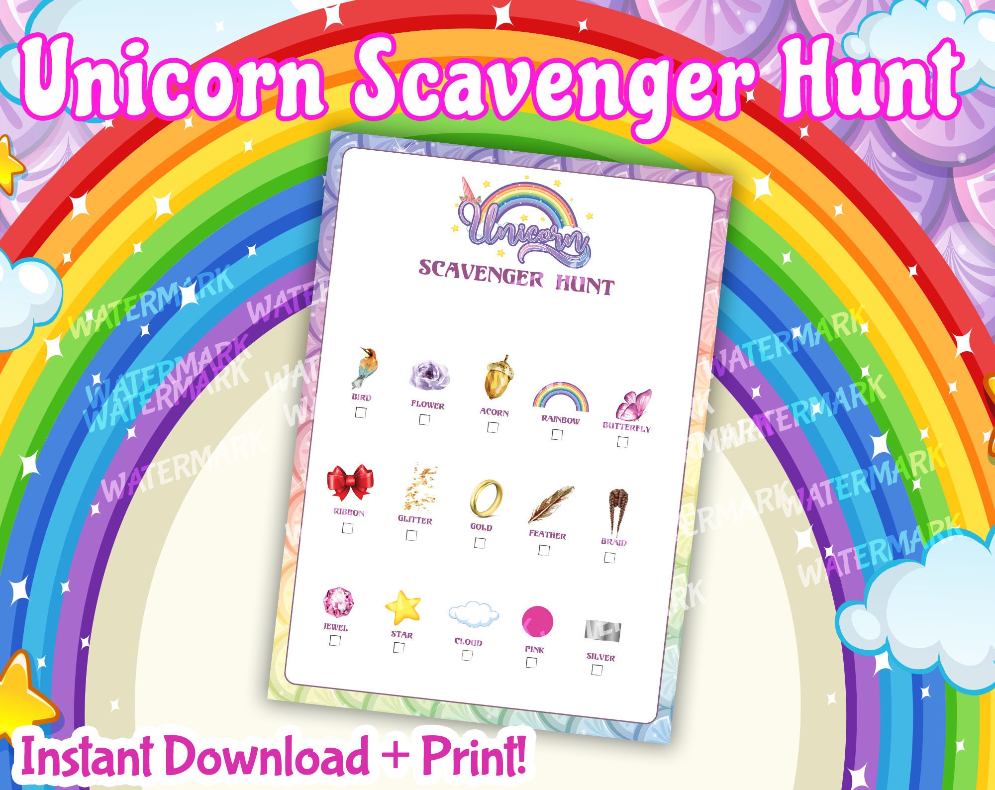 unicorn scavenger hunt unicorn birthday party game printable etsy
