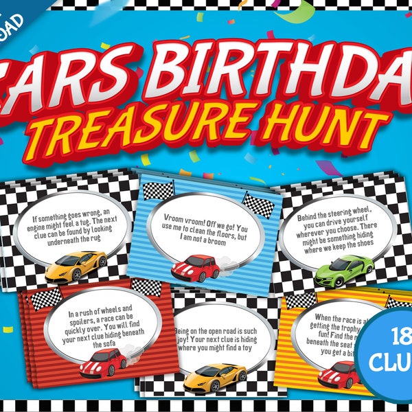 Cars Birthday Party, Race Car Party, Cars Birthday Printable, Cars Treasure Hunt, Cars Party Game, Boys Birthday Treasure Hunt Clues