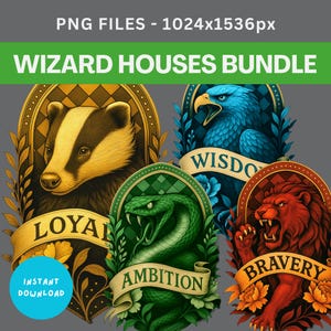 Imágenes prediseñadas de equipos de casas de magos / PNG, escudos, bufandas, banderas / Acuarela, rojo, verde, amarillo, azul, arte heráldico / León, serpiente, águila, tejón / Arte mágico
