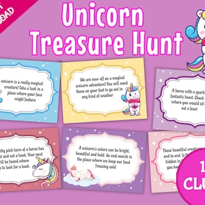 Chasse au trésor de licorne pour enfants, Indices de chasse au trésor de licorne, Jeux de société Licorne, Chasse au trésor d'anniversaire de licorne, Imprimables d'anniversaire de fille