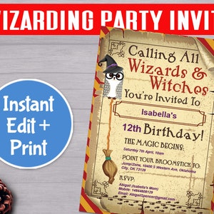 Editable Wizard and Witch Magic School Birthday Party Invitation Card