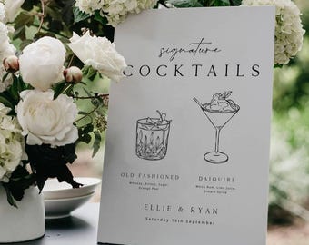 ELLIE Printable Signature Cocktails Sign Template Download, Wedding Signature Drinks Menu, Minimal Wedding Bar Menu, Signature Drinks Sign