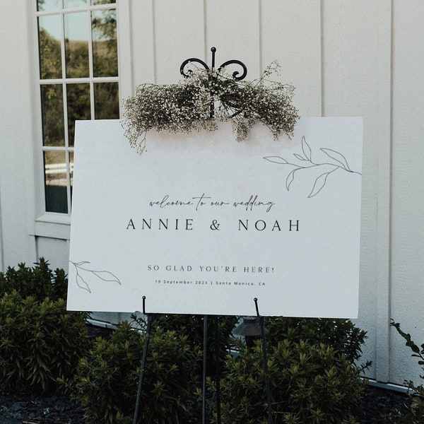 ANNIE Horizontal Wedding Welcome Sign Template Download, Minimal Botanical Fine Art Wedding Welcome Sign, Printable Elegant Welcome Sign