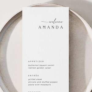 Menú de boda minimalista CLAIRE con nombre, plantilla de tarjeta de lugar de menú moderna, menú de boda simple, menú de boda imprimible, descarga instantánea
