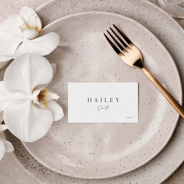 Modèle de carte de nom de table moderne minimal ELLIE, cartes de lieu de mariage imprimables, étiquette d'invités de mariage, modèle de siège modifiable, icônes de repas