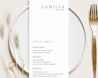 SARAH Printable Wedding Menu With Guest Name Template Download, Minimalist Dinner Menu Place Cards