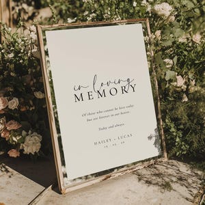 May include: A framed sign with the words "in loving memory" in elegant script. The sign includes the names Hailey and Lucas, along with a date. The sign is surrounded by flowers and greenery, creating a soft, natural backdrop.