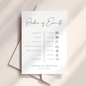 Download immediato di biglietti con ordine minimo degli eventi per matrimonio, modello di biglietto con cronologia del matrimonio, cronologia stampabile, modello di biglietto con programma del matrimonio